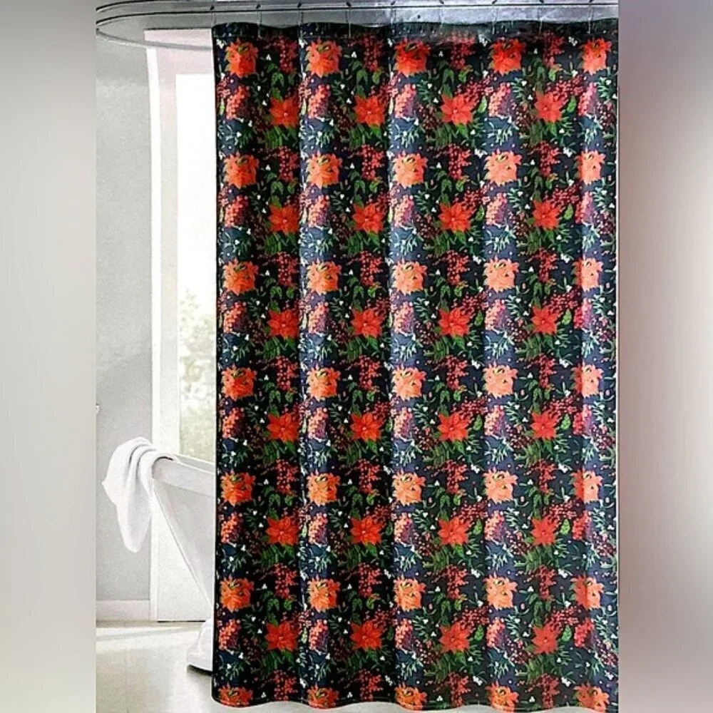 Christmas Shower Curtain Holiday Poinsettias Fabric Classic Navy Blue 70x72 In